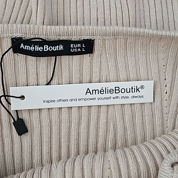 AmélieBoutik Women Square Neck Tie Back Long Sleeve Ribbed Sweater L Cream - Picture 6 of 9